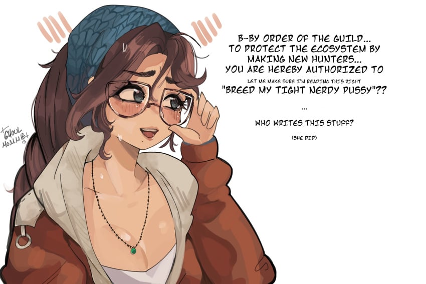 ... 1girls 2025 adjusting_glasses alma_(monster_hunter_wilds) artist_name big_breasts blue_eyes blush brown_hair dialogue english_text female female_focus female_only fully_clothed ghoulmommie glasses imminent_sex light_skin looking_away monster_hunter_wilds necklace talking_to_viewer text white_background