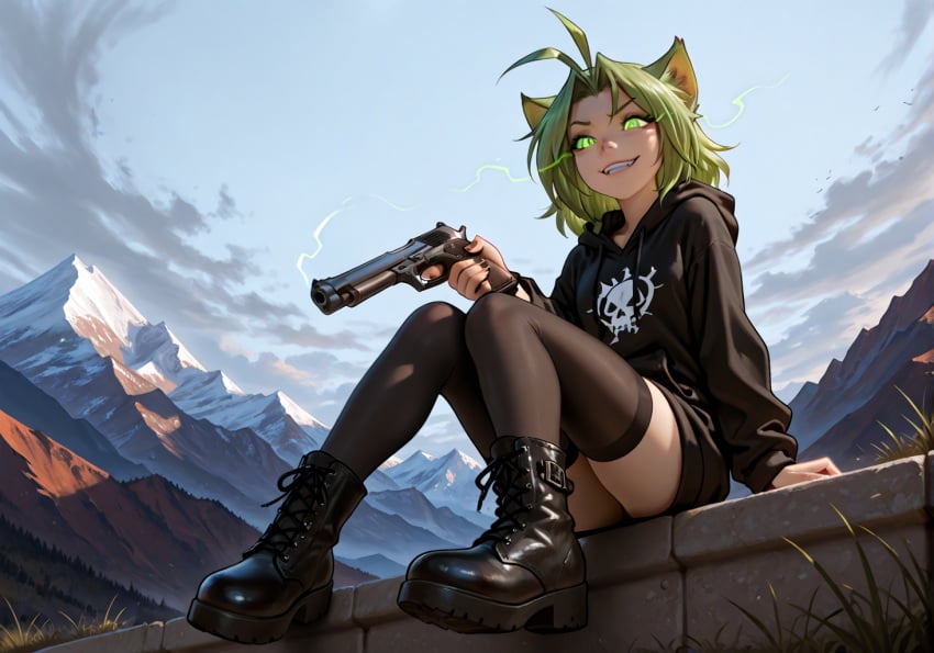 ai_generated boots evil_smile from_below glowing_eyes goth green_eyes green_hair handgun hoodie karen_taverndatter mountain stockings twokinds