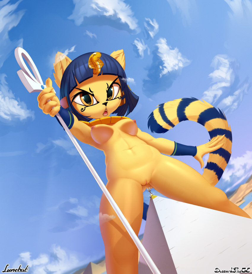 1girls 2020 5_fingers abs absurd_res ambiguous_gender animal_crossing ankha anthro areolae armpits belly big_eyes black_nose blue_fur blue_hair breasts cloud collaboration digital_media_(artwork) discordthege duo eyebrows feline female fingers fur furry giantess hi_res larger_female looking_at_viewer lunebat macro mammal naked navel nintendo nipples nude open_mouth orange_eyes outdoors outside pussy pyramid size_difference stripes tail text video_games watermark yellow_fur