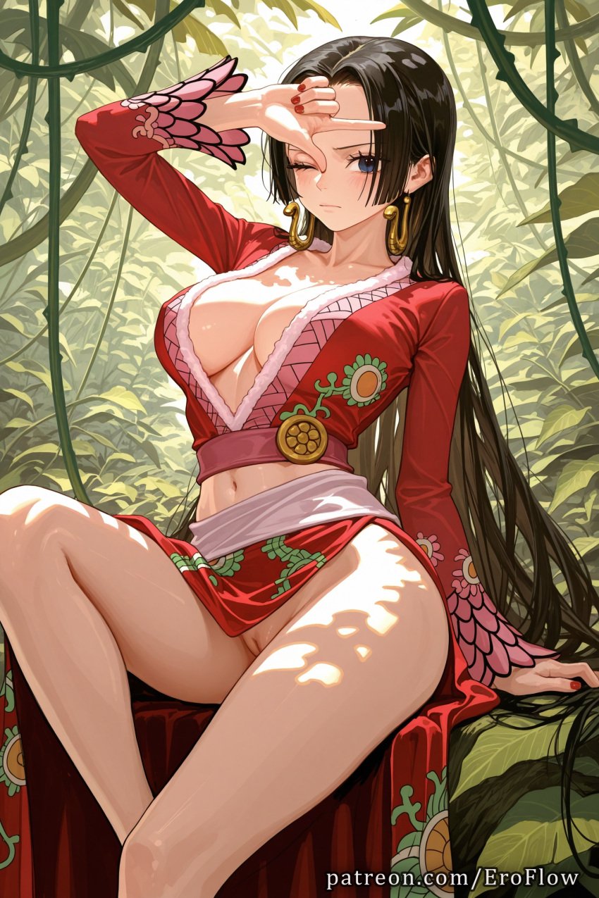 1girls 2025 ai_generated arm_up bangs black_hair blue_eyes blush boa_hancock breasts cleavage closed_mouth collarbone crop_top dress earrings eroflow genitals hi_res highres jewelry knee_up large_breasts light-skinned_female long_hair long_sleeves looking_at_viewer midriff nail_polish navel no_panties one_eye_closed one_piece one_piece:_egghead_arc patreon plant pussy pussy_juice red_nails sash sitting solo stomach thighs tight_pussy uncensored very_long_hair voluptuous voluptuous_female wig