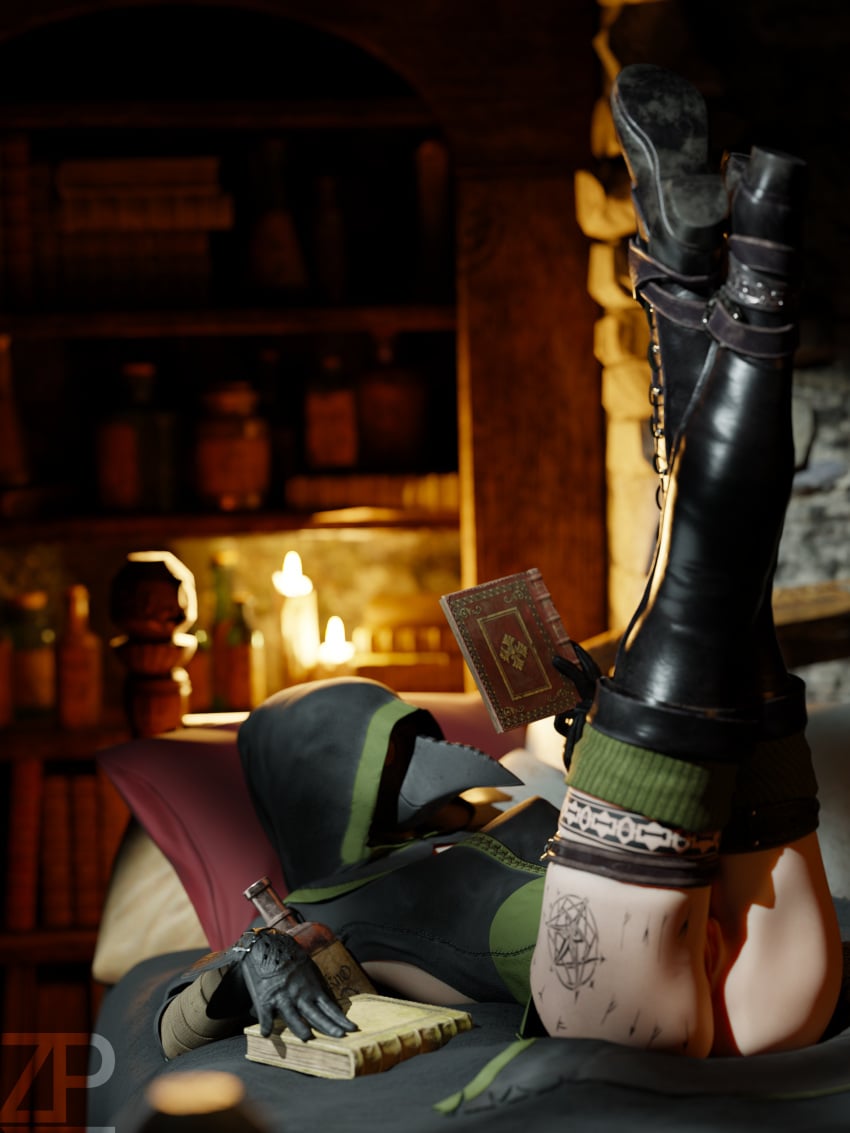 3d 3d_(artwork) background blender exposed_ass exposed_pussy legs_together legs_up mask masked_female medieval medium_breasts no_panties no_sex one_female original_character pinup plague_doctor plague_doctor_mask potion potion_bottle reading reading_book solo solo_female zweiprobleme