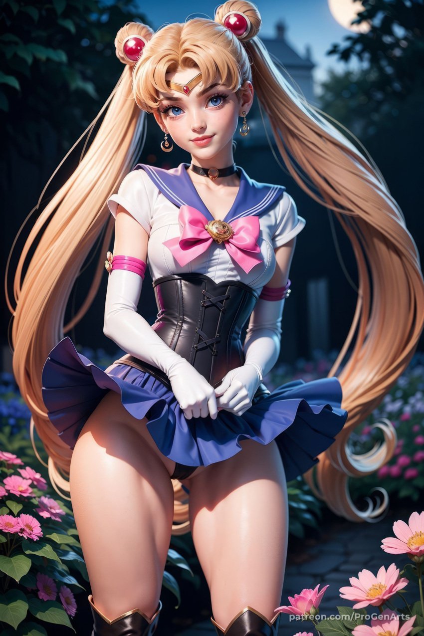 1girls ai_generated artist_name ass_visible_through_thighs bishoujo_senshi_sailor_moon black_panties blonde_hair blue_eyes blue_sailor_collar blue_skirt boots bow breasts choker circlet clothes_lift crescent crescent_earrings double_bun earrings elbow_gloves flower full_moon gloves hair_bun hair_ornament hi_res jewelry leotard_peek lips long_hair looking_at_viewer magical_girl moon night outdoors panties patreon_username pink_bow progenarts sailor_collar sailor_moon sailor_senshi_uniform skirt skirt_lift smiling_at_viewer solo standing thighhighs tsukino_usagi twintails underwear usagi_tsukino very_long_hair web_address white_gloves