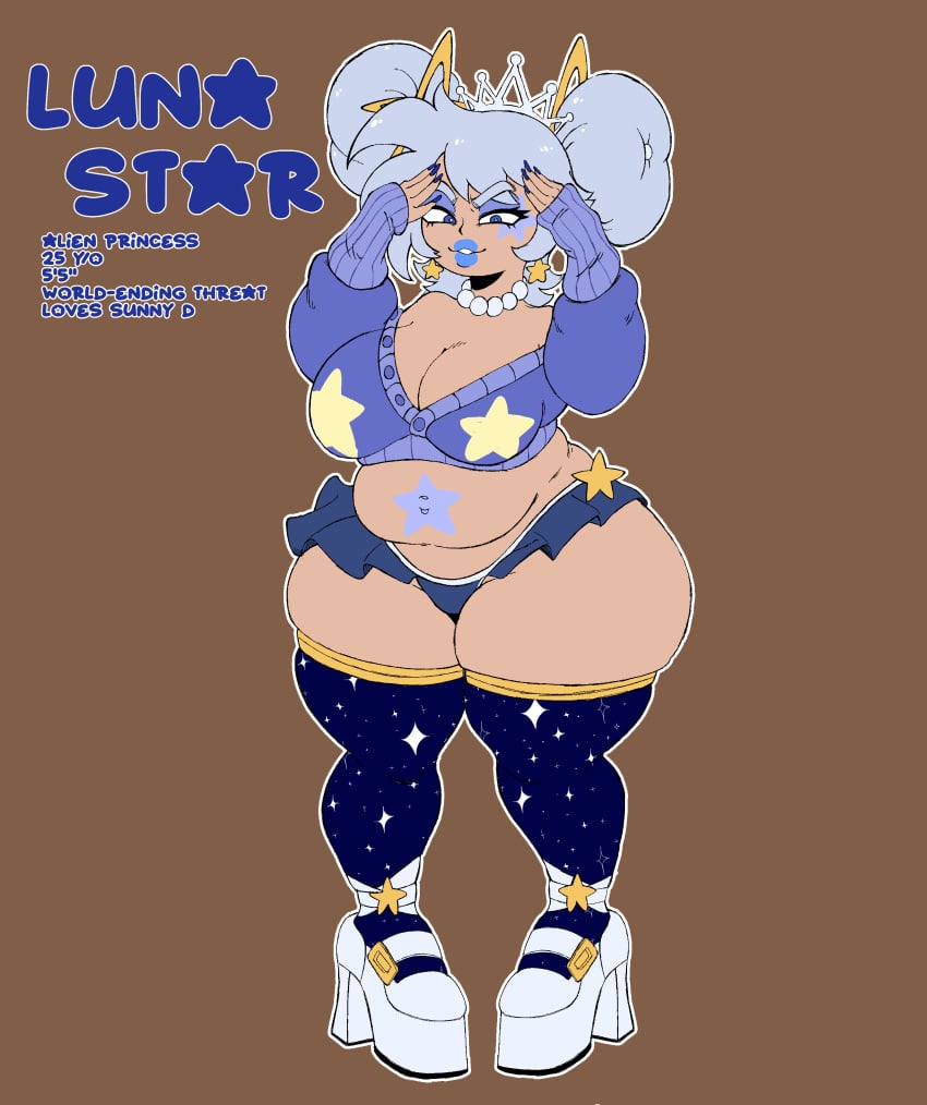 alien big_ass big_belly big_breasts big_butt big_thighs blue_eyes blue_lipstick blue_skirt blue_thigh_highs blue_thighhighs blue_topwear chubby chubby_belly chubby_female cleavage crown earrings grey_hair heels high_heels jewelry light_skinned lori_star navel_piercing navy_blue_legwear navy_blue_skirt oc original_character pearl_necklace short_skirt shortstack space_buns star_(symbol) star_earrings tattoos thick thick_ass thick_legs thick_thighs thigh_highs thigh_socks thighhigh_socks thighhighs tiara twin_buns weener72 white_heels white_shoes wide_hips wide_thighs