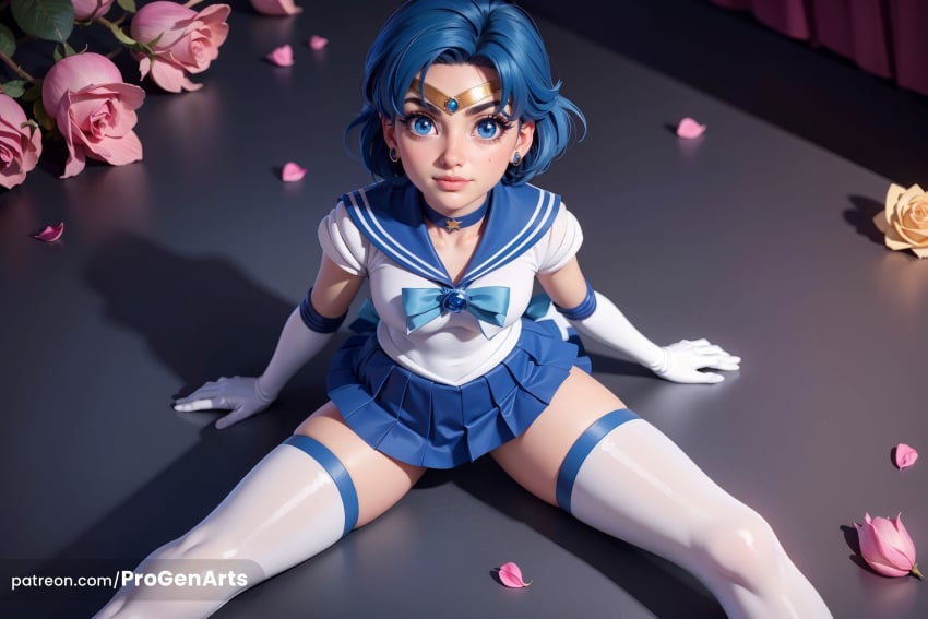 1girls ai_generated ami_mizuno bishoujo_senshi_sailor_moon blue_bow blue_bowtie blue_choker blue_eyes blue_hair blue_sailor_collar blue_skirt bow breasts choker circlet earrings elbow_gloves flower gloves hi_res jewelry lips looking_at_viewer magical_girl miniskirt mizuno_ami nose patreon_username petals pink_flower pleated_skirt progenarts rose sailor_collar sailor_mercury sailor_senshi_uniform shirt short_hair sitting skirt solo spread_legs stud_earrings thighhighs watermark web_address white_gloves white_shirt white_thighhighs