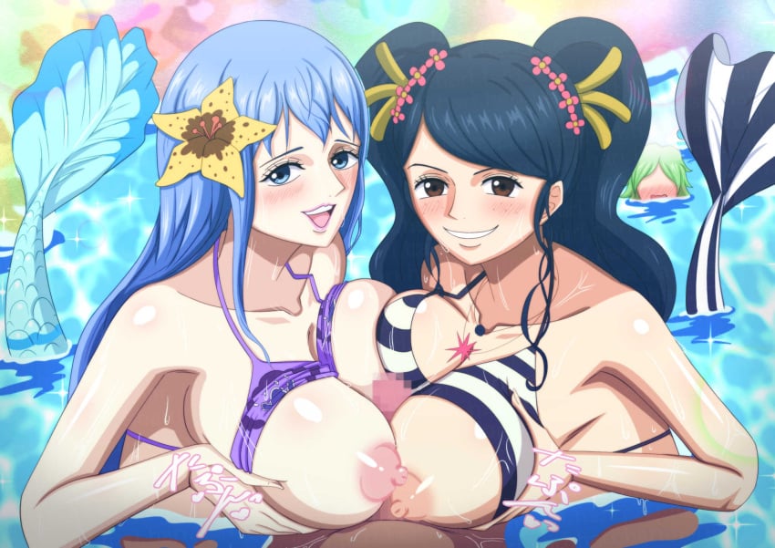 2girls big_breasts black_hair blue_eyes blue_hair blue_tail boobjob breasts brown_eyes camie_(one_piece) clothing double_paizuri female hari. ishilly long_hair male mermaid mermaid_girl mero_(one_piece) nipples one_piece paizuri smile twintails