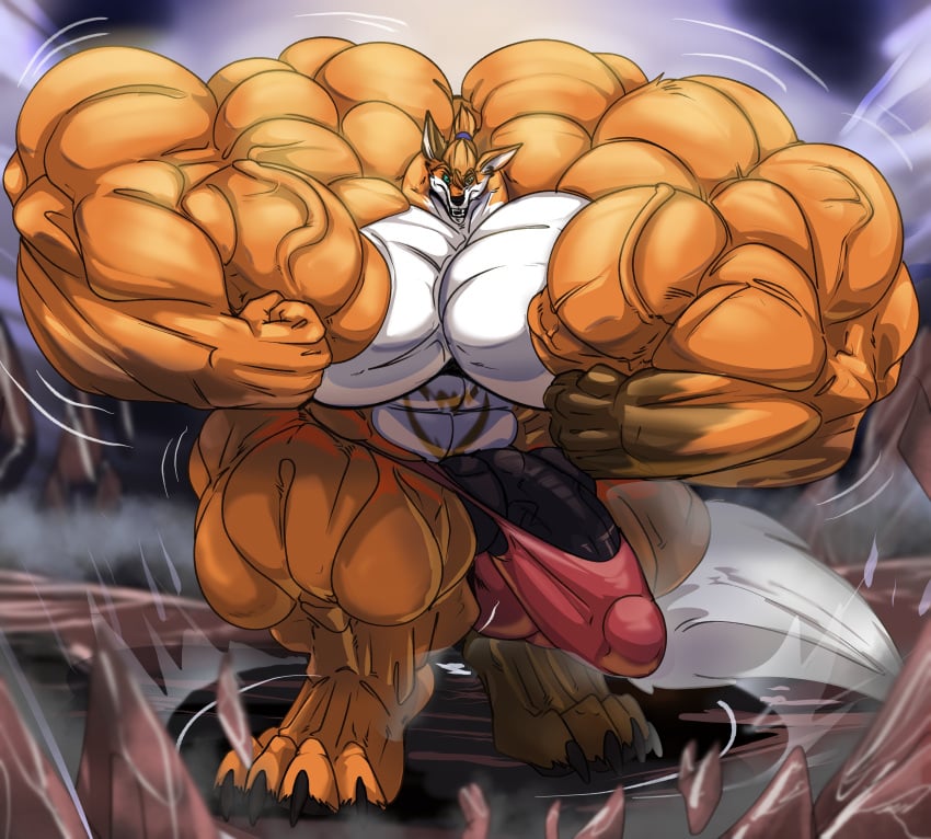 2022 4_toes absurd_res anthro balls big_balls big_muscles big_pecs big_penis black_balls black_penis canid canine clothed clothing countershading erection feet fierglief fist flexing fox front_view fur genitals green_eyes hair hi_res huge_balls huge_cock huge_muscles huge_pecs humanoid_genitalia humanoid_penis hyper hyper_balls hyper_genitalia hyper_muscles hyper_pecs hyper_penis looking_at_viewer male mammal muscular open_mouth orange_body orange_fur pecs penis ponytail solo standing toes underwear underwear_only vein veiny_muscle veiny_penis white_body white_countershading