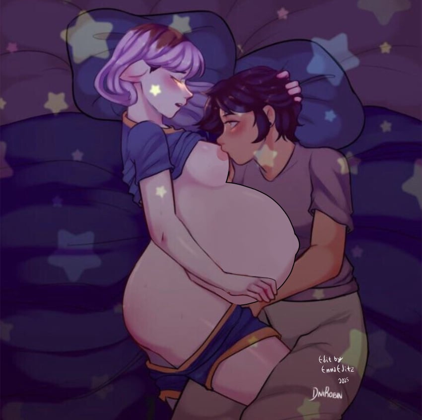 2girls absurdres amity_blight ass black_hair breastfeeding breasts dark_skin disney disney_channel fingering highres lactation luz_noceda lying multiple_girls on_bed on_side outie_navel pajamas pale_skin pregnant purple_hair the_owl_house thighs third-party_edit yellow_eyes