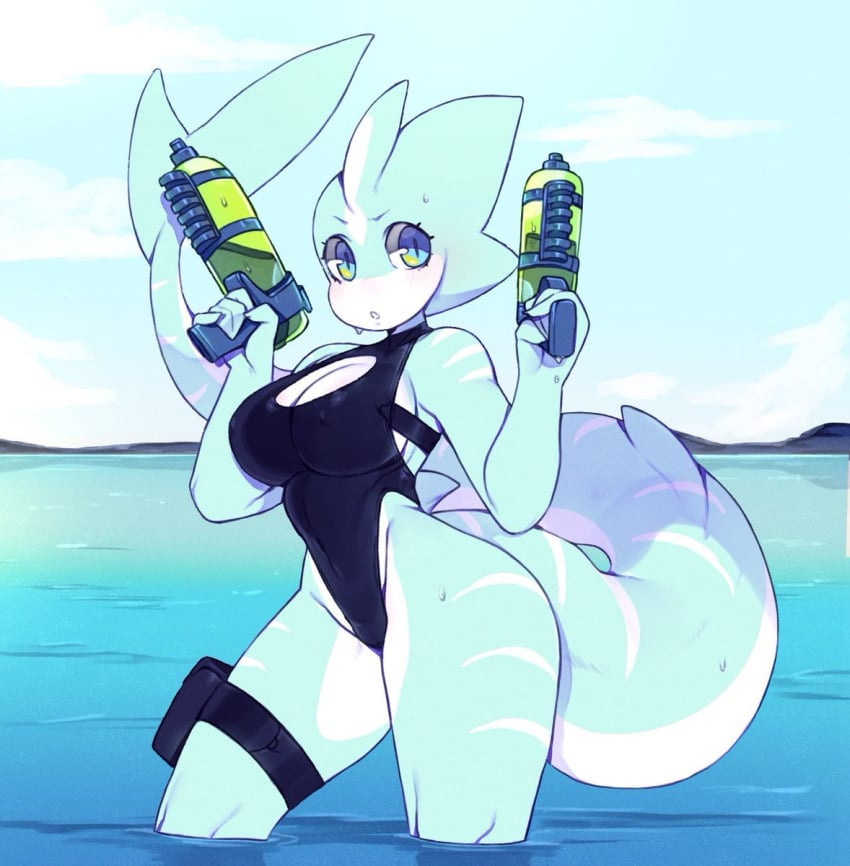 anthro cleavage hips_wider_than_shoulders knee_deep long_tail ocean one-piece_swimsuit punipaws shark_girl squirt_gun swimsuit thick_thighs tora_(punipaws)