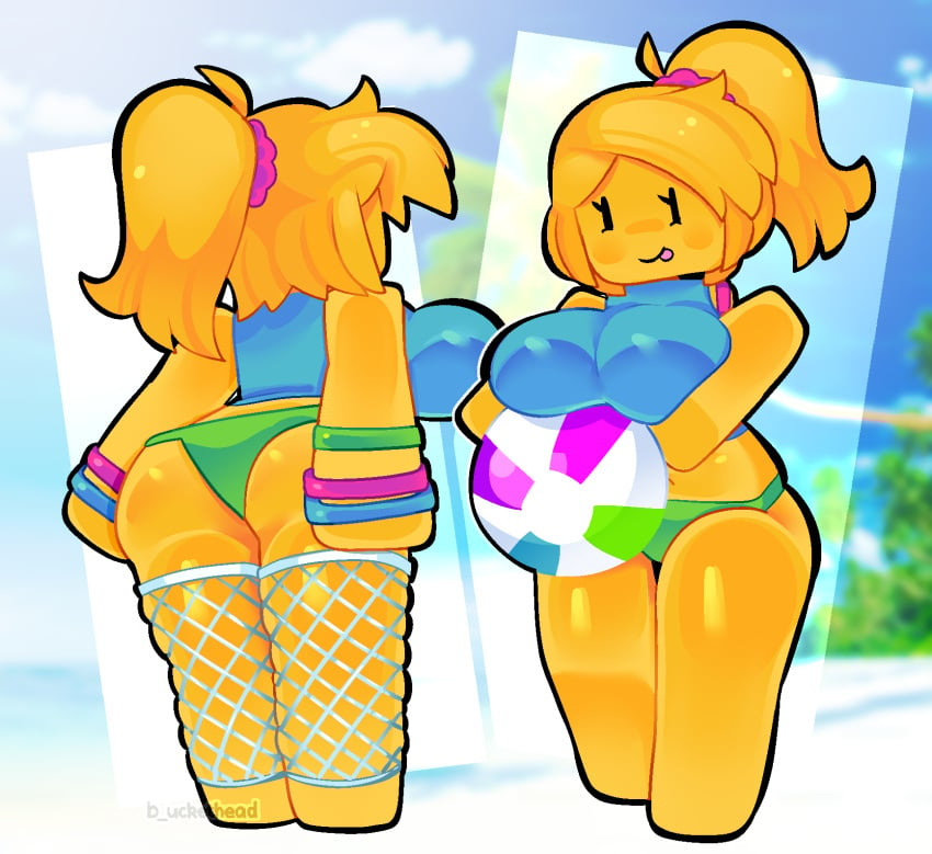 1girls ass beach beach_ball big_breasts blocky_body blue_crop_top bracelets breasts buckethead_(artist) crop_top eyelashes female female_focus female_only fishnets green_panties holding holding_beachball holding_object huge_breasts magenta_bra midriff mob_face multiple_poses multiple_views noob noob_(roblox) pink_bra ponytail raver_(buckethead) roblox robloxian scrunchie shiny_butt shiny_skin short_hair smile tongue tongue_out twitter_username watermark white_fishnets yellow_hair yellow_skin