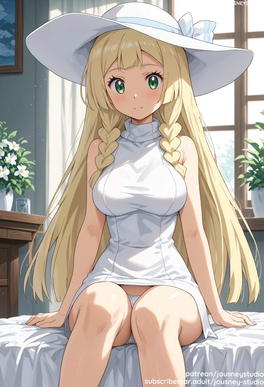 ai_generated bangs bare_arms bare_shoulders bed blonde_hair blunt_bangs blush braid breasts closed_mouth clothing curtains day dress eyelashes female female female_only flower game_freak green_eyes hat hat_ribbon headwear indoors jousneystudio large_breasts legs lillie_(pokemon) long_hair looking_at_viewer medium_breasts nintendo on_bed pantsu patreon_username pillow plant pokemon pokemon_(game) pokemon_character pokemon_sm pokemon_sun_&_moon potted_plant ribbon shiny short_dress sidelocks sitting sleeveless sleeveless_dress smile solo sun_hat sundress thighs tied_hair twin_braids underwear very_long_hair watermark web_address white_dress white_headwear white_panties white_underwear window