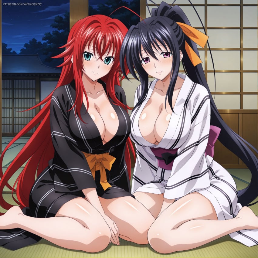 2girls ahoge ai_generated akeno_himejima antenna_hair artkoikoi black_hair blue_green_eyes blush couple crimson_hair curvy female_only hair_ribbon high_school_dxd kimono large_breasts light_skin night orange_ribbon ponytail rias_gremory thick_thighs very_long_hair violet_eyes voluptuous yuri