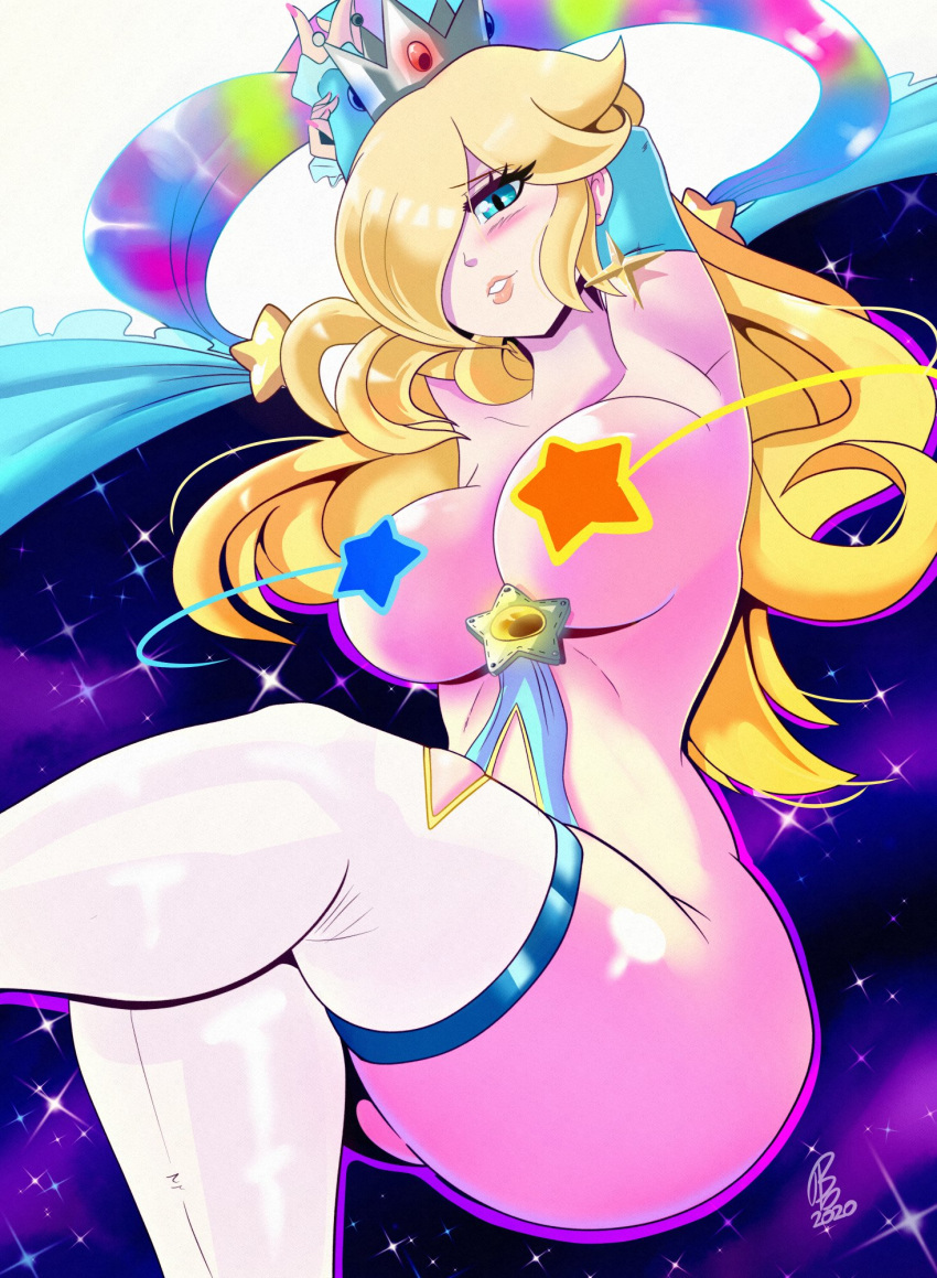 1girls benbeau blonde_hair blue_eyes blush breasts convenient_censoring crown earrings female female_only goddess_rosalina_(awesomeerix) hair_over_one_eye human human_only jewelry large_breasts legwear long_hair mario_(series) nintendo princess_rosalina solo super_mario_galaxy thighhighs