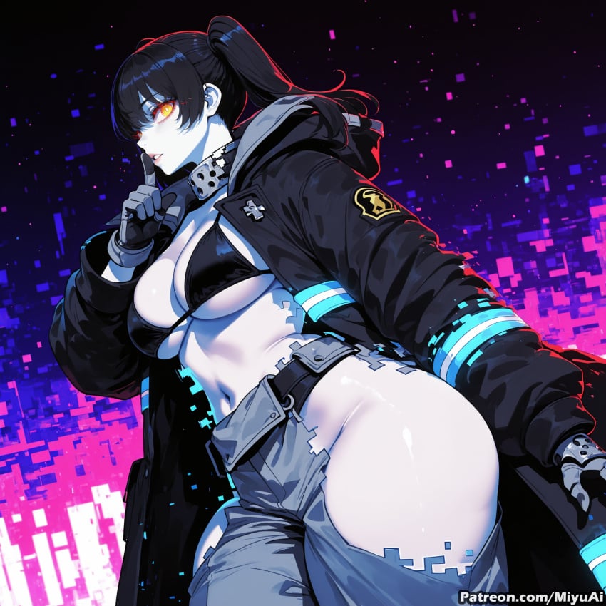 1girl ai_assisted ai_generated bangs belt bikini bikini_top black_bikini black_hair breasts coat collar cowboy_shot curvaceous curvy curvy_female curvy_figure en'en_no_shouboutai enen_no_shouboutai female fingerless_gloves fire_force gloves hip_vent jacket kotatsu large_breasts long_hair long_sleeves looking_at_viewer miyuai navel open_clothes open_coat orange_eyes pants parted_lips ponytail solo swimsuit tamaki tamaki_kotatsu thick thick_ass thick_butt thick_hips thick_legs thick_thighs torn_clothes torn_pants twintails voluptuous voluptuous_female wide_hips wide_thighs yellow_eyes