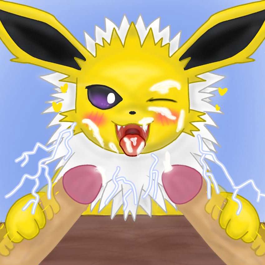 ambiguous_gender blush bodily_fluids canid canine cum cum_in_mouth cum_inside cum_on_face eeveelution electricity feral fur generation_1_pokemon genital_fluids genitals group heart_symbol hi_res human humanoid_genitalia humanoid_penis jolteon lightning majika male male/ambiguous mammal masturbation neck_tuft nintendo one_eye_closed open_mouth penis pokemon pokemon_(species) saliva saliva_string teeth tongue tongue_out trio tuft yellow_body yellow_fur