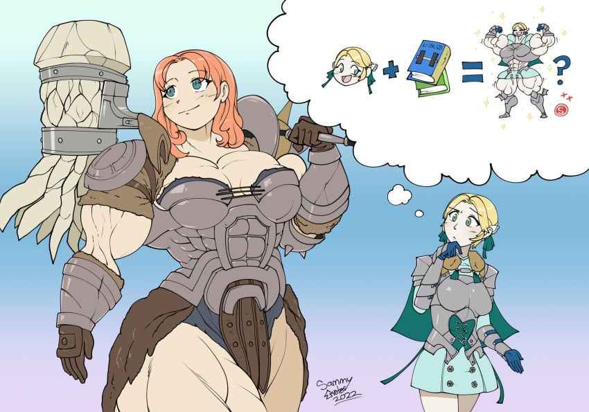 2022 2girls abs alternate_body_type alternate_clothing annette_fantine_dominic armor armor_plates armored armored_boots armored_female armored_gloves blonde_hair blue_gloves breast_plate brown_gloves clothed clothed_female clothing female female_only fire_emblem fire_emblem:_three_houses gloves green_eyes hammer holding_hammer holding_weapon hyper_muscles ingrid_brandl_galatea light-skinned_female light_skin light_skinned_female medium_breasts medium_hair muscular muscular_arms muscular_female muscular_legs muscular_thighs nintendo orange_hair post-timeskip sammyupvote thought_bubble weapon weapon_over_shoulder