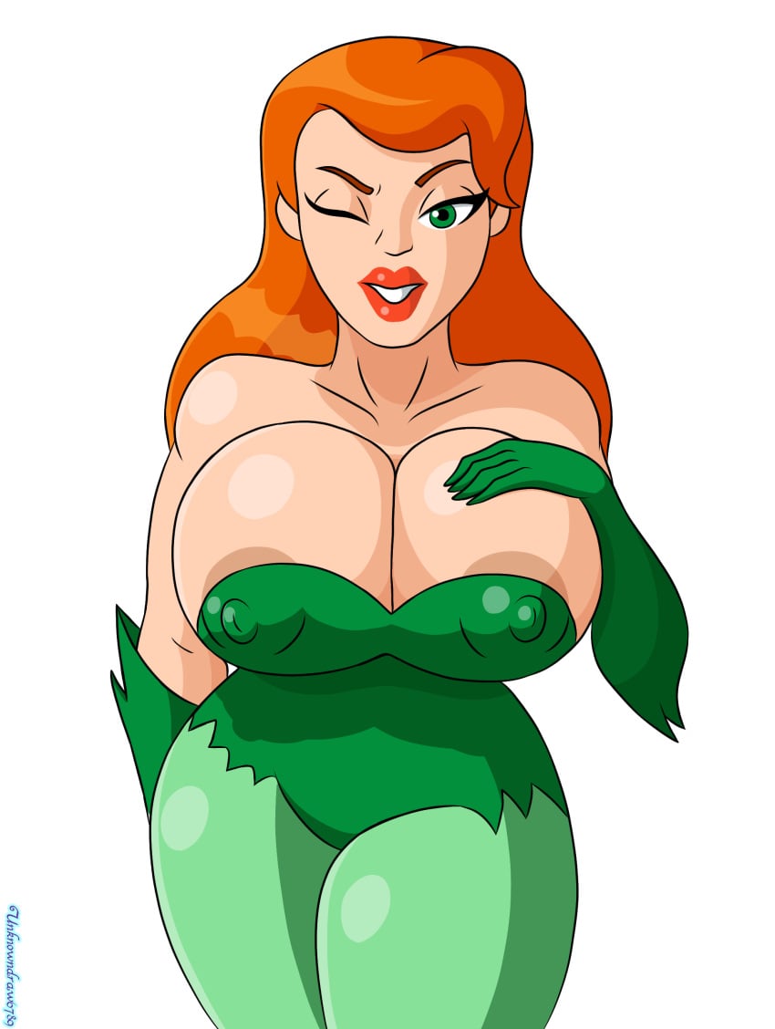 1girls areolae areolae_visible_through_clothing batman:_the_animated_series batman_(series) big_breasts big_thighs breasts busty busty_female dc_comics green_eyes hand_on_breast hips lips nipples orange_hair pamela_isley poison_ivy red_lipstick tagme thick_lips unknowndraw6798 wink