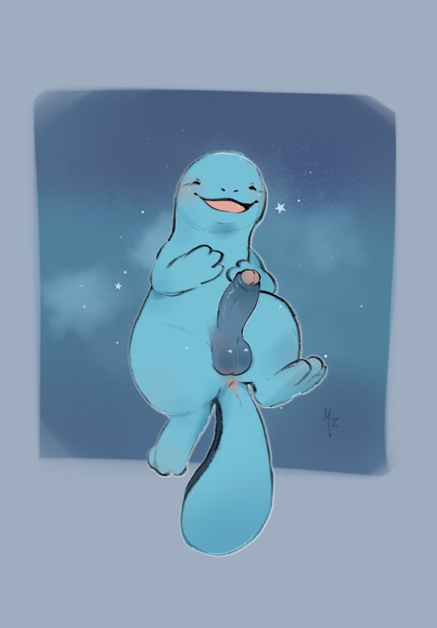 anus balls blue_body blush closed_eyes erection generation_2_pokemon genitals happy hi_res male nintendo penis pokemon pokemon_(species) quagsire smile solo star tail truemew