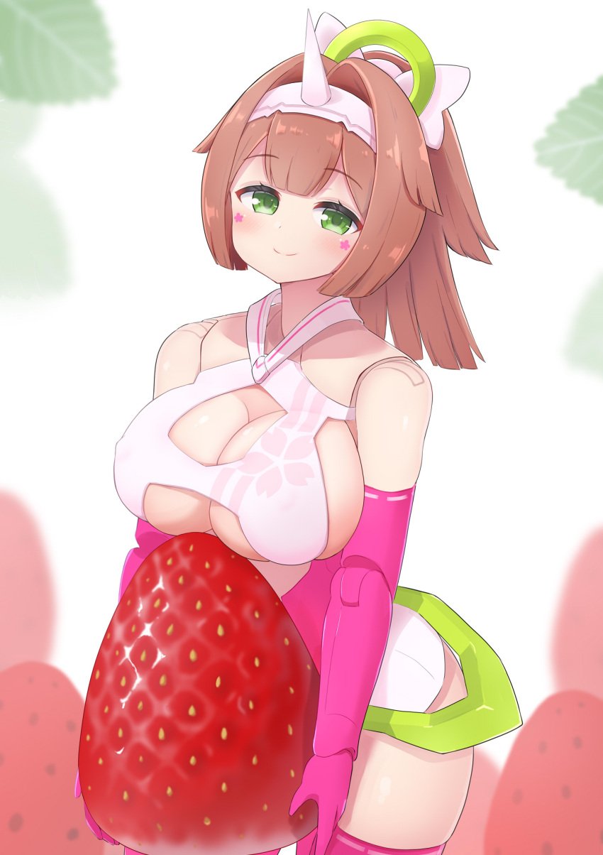 1girls arm_gloves asra_archer_ouki bare_shoulders breasts brown_hair cleavage female female_focus female_only green_eyes hairband holding_object huge_breasts joints large_breasts light-skinned_female light_skin looking_at_viewer medium_hair megami_device nipple_bulge smile solo strawberry subten thick_thighs thighs