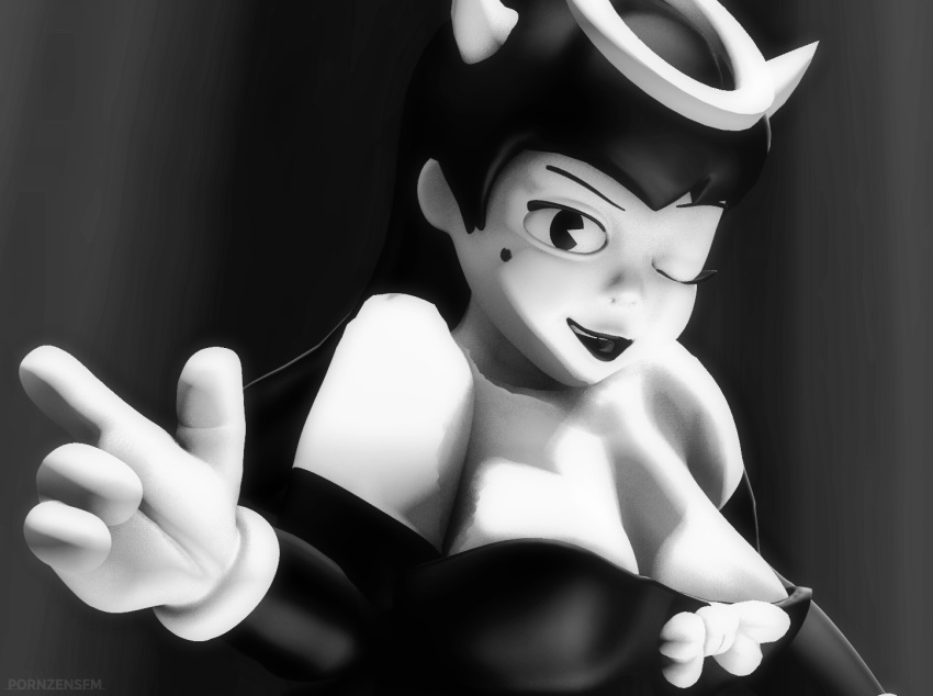 1girls 3d alice_angel bendy_and_the_ink_machine big_breasts black_and_white bowtie cartoon_eyes cleavage devil_horns female female_focus female_only finger_gun halo large_breasts long_hair looking_at_viewer mole_under_eye one_eye_open open_mouth pac-man_eyes pornzensfm_(artist) raised_arms sfm shoulders_raised source_filmmaker wink