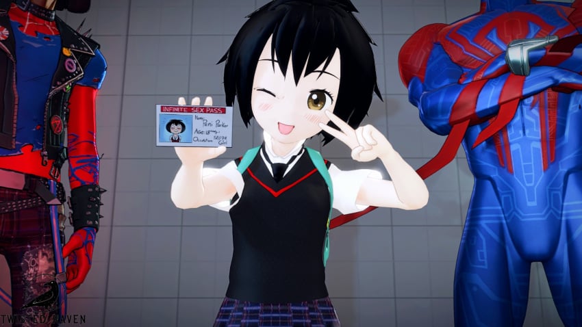 2boys 3d anime_style backpack bag clothing female human id_card male marvel marvel_comics pale_skin peni_parker school_uniform size_difference source_filmmaker spider-man_2099 spider-punk spiderverse twistedraven winking_at_viewer