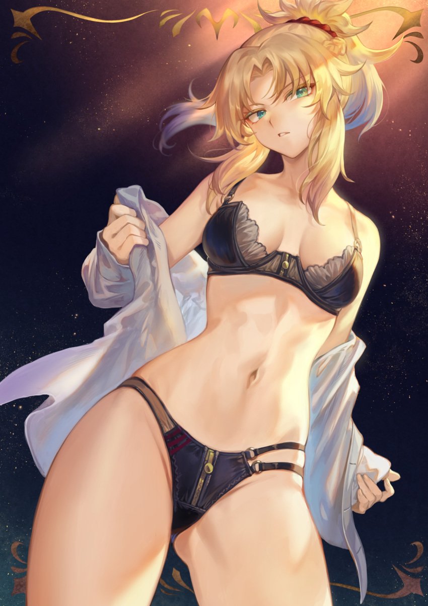 1girls blonde_hair bra breasts cleavage fate/grand_order fate_(series) female female_only looking_at_viewer mashu_003 mordred_(fate) panties solo