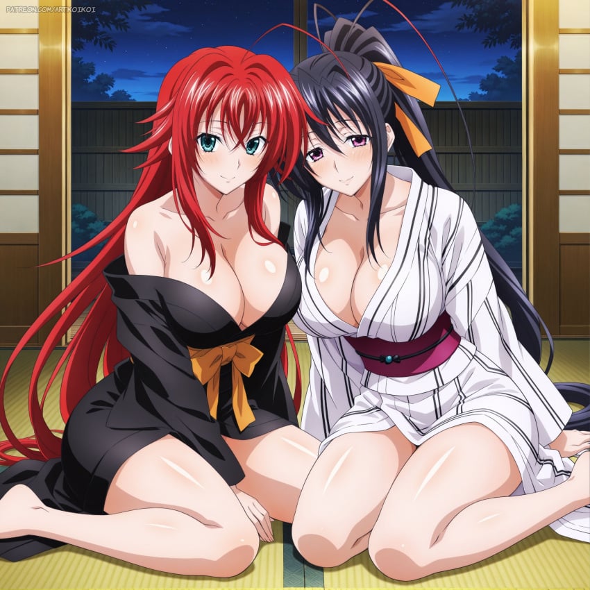 2girls ahoge ai_generated akeno_himejima antenna_hair artkoikoi black_hair blue_green_eyes blush couple crimson_hair curvy female_only hair_ribbon high_school_dxd kimono large_breasts light_skin night orange_ribbon ponytail rias_gremory thick_thighs very_long_hair violet_eyes voluptuous yuri