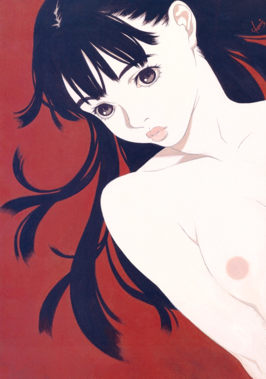 1girls black_eyes black_hair breasts bust female highres lips long_hair lying nipples nude on_back original solo tanaka_kunihiko topless