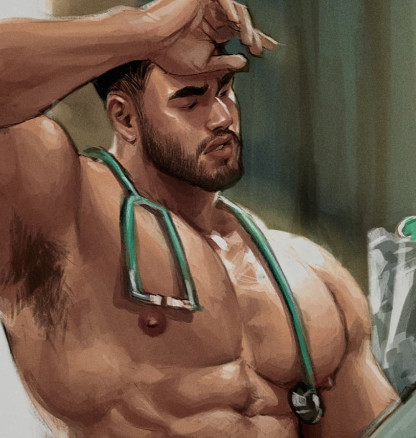 1boy 1male abs bara beard bearded daddy doctor facial_hair gay large_pectorals male male_only muscle muscles muscular nipples pecs pectorals shirtless solo theobromic