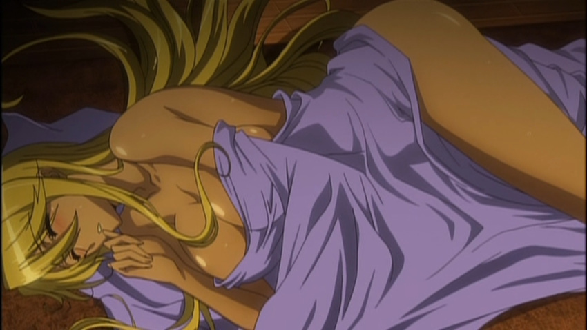 blonde_hair blush breasts cap highschool_of_the_dead nude pointy_chin school_nurse screencap sexually_suggestive sheet shizuka_marikawa sleep sleeping sweat