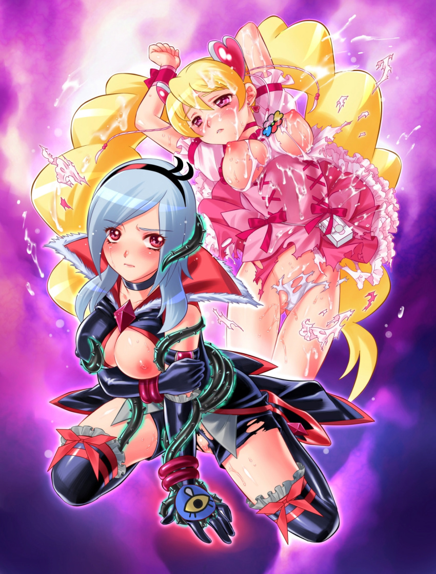 blonde_hair blue_hair blush breasts bukkake choker clothing cum cum_on_body cure_peach dark_magical_girl dress earrings eas elbow_gloves fresh_precure! fresh_pretty_cure! gloves hair_ornament heart higashi_setsuna highres jewelry latex latex_dress latex_gloves long_hair magical_girl medium_breasts momozono_love multiple_girls nekozawa_yukari nipples panties precure pretty_cure purple_eyes red_eyes shorts stockings thighhighs thorns torn_clothes very_long_hair