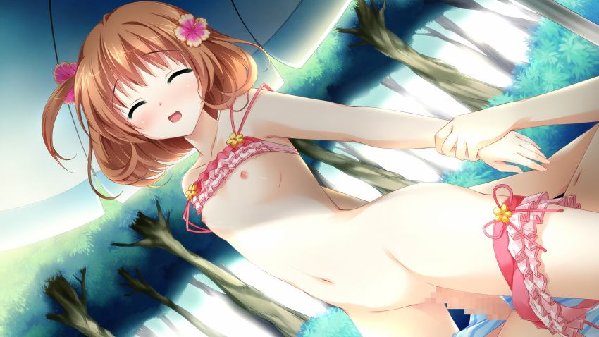 1boy blush breasts brown_hair censored chair closed_eyes female flower game_cg inui_yuki kimishima_ao miyama_mizuki navel nipples otome_ga_tsumugu_koi_no_canvas otome_ga_tsumugu_koi_no_canvas_futari_no_gallery panties panties_around_leg penis pussy sex short_hair swimsuit vaginal_penetration