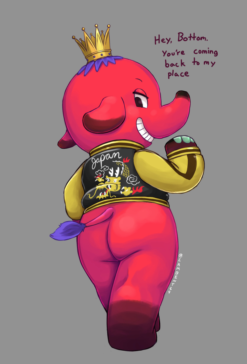 animal_crossing anthro ass bottomless clothed clothing cyd_(animal_crossing) elephant elephantid english_text grin hi_res jacket lambent looking_back male male_only mammal nintendo proboscidean proboscis_(anatomy) red_body smile solo text topwear trunk_(anatomy) video_games