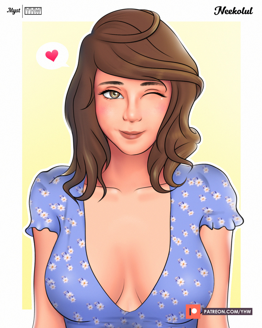 1girls big_breasts brown_eyes brown_hair cleavage female female_focus female_only latina looking_at_viewer neekolul twitch.tv twitter_username upper_body winking winking_at_viewer yhw