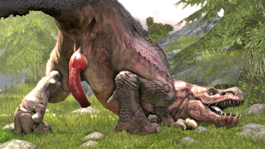 3d anjanath barlu brute_wyvern capcom claws dinosaur erection feral genitals grass hi_res looking_at_viewer male male_only monster_hunter penile penis presenting presenting_penis reptile rock scales scalie solo solo_male source_filmmaker teeth tree video_games