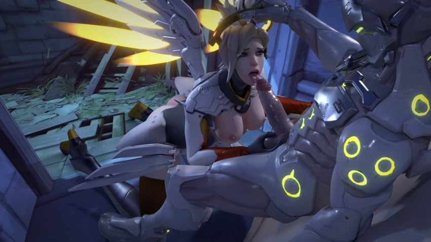 16:9 1boy 1girls 3d angel_wings armor ass attanius balls big_breasts big_penis blizzard_entertainment blonde blonde_female blonde_hair blue_eyes breasts butt cybernetics cyborg eichenwalde_(map) female genji hand_on_balls hand_on_head huge_breasts huge_cock licking licking_penis looking_at_another looking_at_partner male medium_breasts mercy mouth_open night nipples on_knees open_mouth oral overwatch penis penis_lick pink_nipples shiny shiny_skin thick_thighs thighhighs thighs tongue tongue_out white_skin yellow_hair