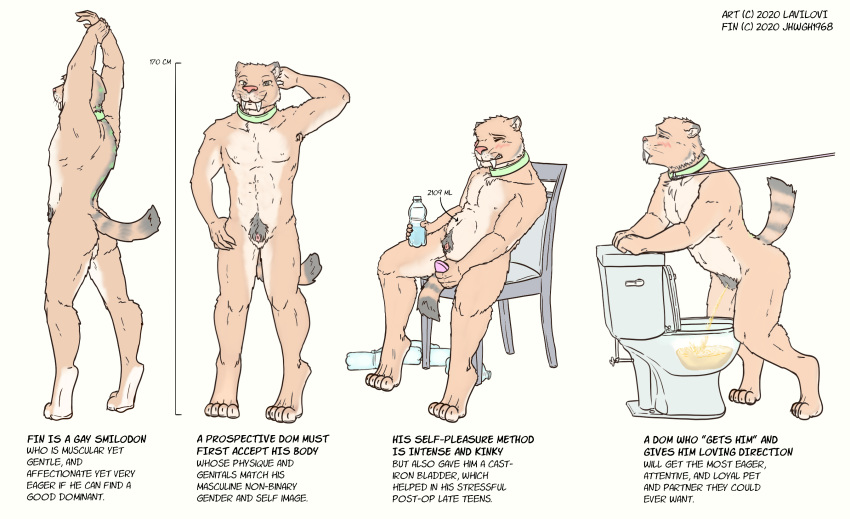 2020 anal anal_sex anthro bodily_fluids bottle collar dildo dildo_in_ass english_text eunuch fangs felid fur genital_fluids hi_res lavilovi leash machairodontine male mammal masturbation model_sheet multicolored_body multicolored_fur nude nullo peeing penetration pink_nose pubic sabertooth_(anatomy) sex_toy signature simple_background smilodon solo submissive submissive_male tan_body tan_fur text toilet toilet_use urethra urine watersports white_background white_body white_fur