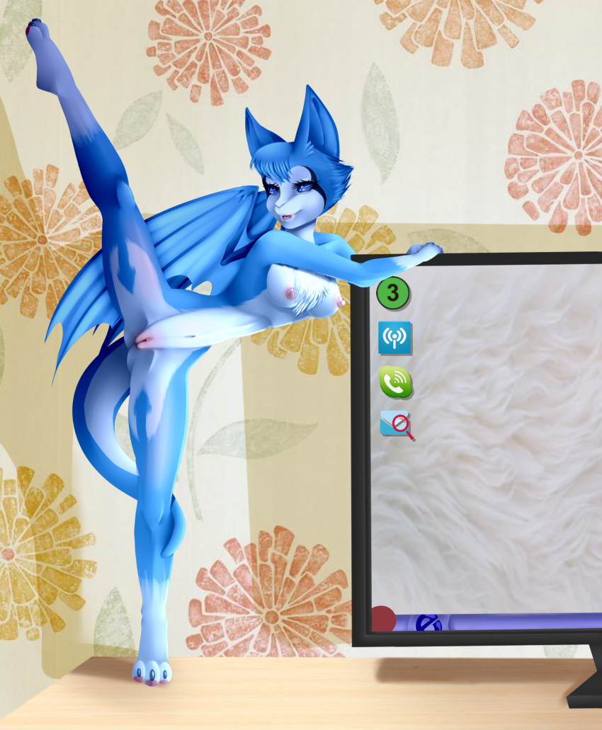 anthro areola blue_eyes breasts chiropteran digital_media_(artwork) dust:_an_elysian_tail female fur genitals hi_res looking_at_viewer mammal membrane_(anatomy) membranous_wings nimbat nipples nude open_mouth pussy shanawgoddess smile solo twitch video_games white_body white_fur wings