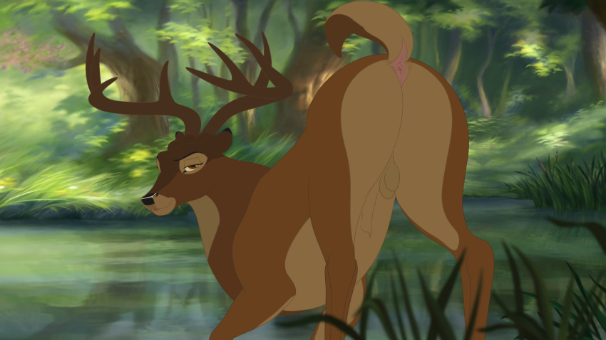 16:9 2020 all_fours animal_genitalia antlers anus ass ass_up balls bambi_(film) brown_body brown_eyes brown_fur cervid cervine digital_media_(artwork) disney feral forest fully_sheathed fur genitals hair half-closed_eyes hi_res horn lake looking_at_viewer looking_back male male_only mammal multicolored_body narrowed_eyes nude outdoors pink_anus pinup pose presenting presenting_anus presenting_balls raised_tail river sheath smile smirk solo testicles the_great_prince_of_the_forest tree widescreen zica