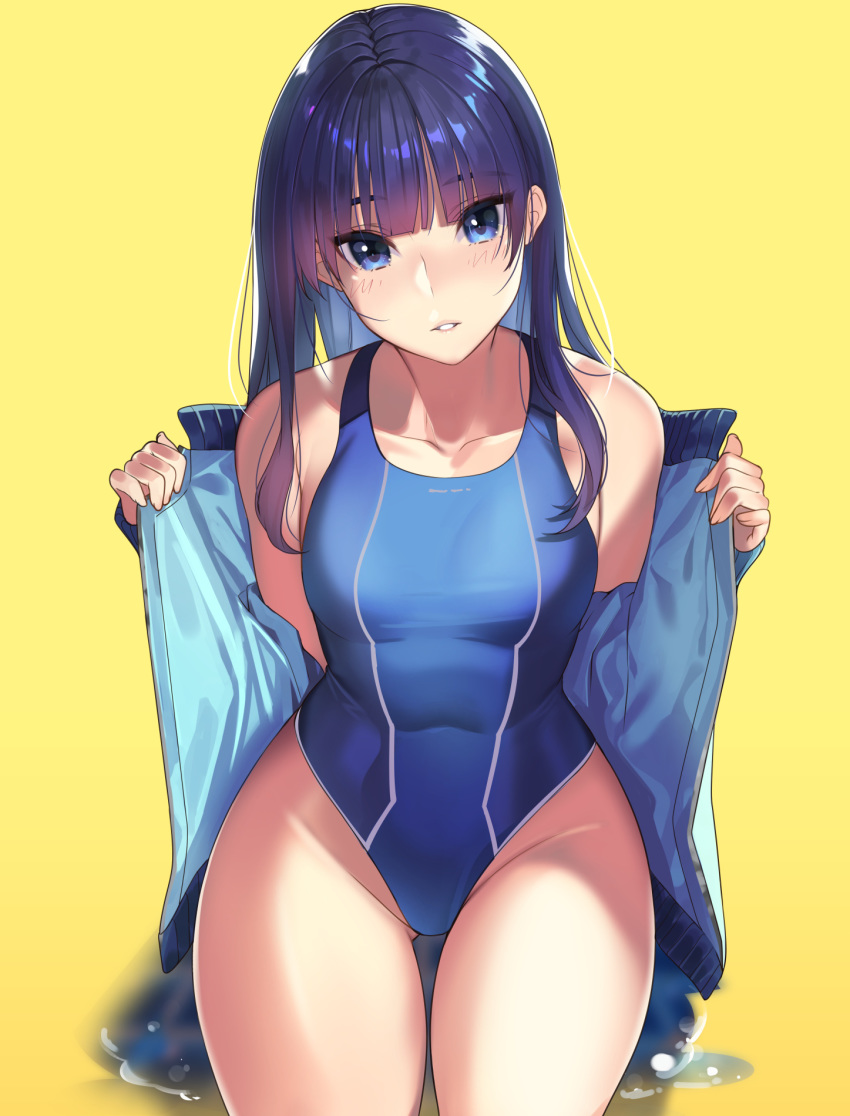 1girls bangs bare_shoulders blue_eyes blunt_bangs competition_swimsuit female female_only highleg highleg_swimsuit highres jacket kagematsuri long_hair one-piece_swimsuit original simple_background solo swimsuit thigh_gap thighs track_jacket tsurime wet_clothes wide_hips yellow_background