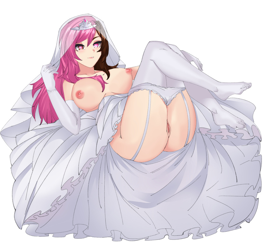 breasts female fikri710 heart-shaped_pupils human laying_down legs_up neo_(rwby) nipples no_shoes panties pussy rwby stockings thighhighs wedding_dress white_panties