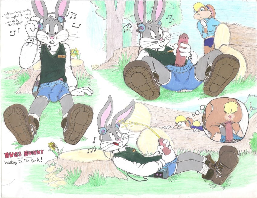 absurd_res anthro anus being_watched bodily_fluids bugs-bunny_(artist) bugs_bunny bulge caught circumcised circumcision_scar clothed clothing duo english_text erection erection_under_clothing female footwear forest genital_fluids genitals headphones hi_res humanoid_genitalia humanoid_penis lagomorph leporid lola_bunny looking_at_another looney_tunes male mammal masturbation park peeing penetration penis public pussy rabbit rufe-squirrel shoes straight text thought_bubble timon-berkowitz tree urine vaginal_penetration voyeur walkman warner_brothers what