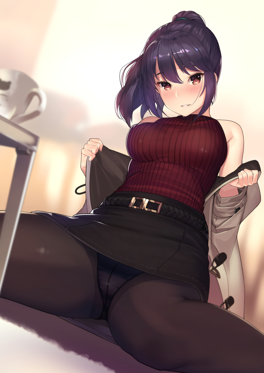 1girls absurdres bare_shoulders belt black_legwear black_panties black_skirt blush breasts coat crotch_seam cup female female_only highres kagematsuri large_breasts looking_at_viewer miniskirt mug original panties panties_under_pantyhose pantyhose pantyshot parted_lips pencil_skirt ponytail purple_hair red_eyes ribbed_sweater sitting skirt sleeveless sleeveless_turtleneck smile solo sweater sweater_vest table tight_skirt turtleneck underwear undressing upskirt wariza