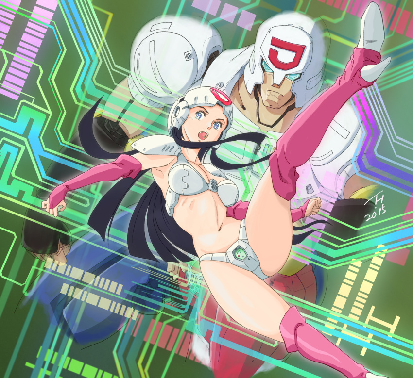 android arm_warmers armor black_hair blue_eyes breasts circuit_board dated female fubuki_kyouko gloves helmet high_heels highres kujira_gunsou long_hair looking_at_viewer mecha medium_breasts midriff navel oldschool open_mouth pink_legwear plawres_sanshiro revealing_clothes sakura-hime sidelocks thighhighs very_long_hair