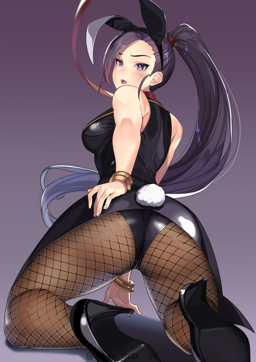 1girls animal_ears ass bangs bare_shoulders big_ass black_footwear black_hair blush bracelet breasts bunny_ears bunny_tail bunnysuit clothing collar dragon_quest dragon_quest_xi female female_only fingernails fishnet_pantyhose fishnets from_behind full_body gradient gradient_background hand_on_hip high_heels highres jade_(dq11) jewelry kagematsuri kneeling leash looking_at_viewer looking_back medium_breasts open_mouth pantyhose pumps purple_eyes shiny shiny_clothes shiny_hair shoes sleeveless solo stiletto_heels tail thick_thighs tied_hair twitter_username