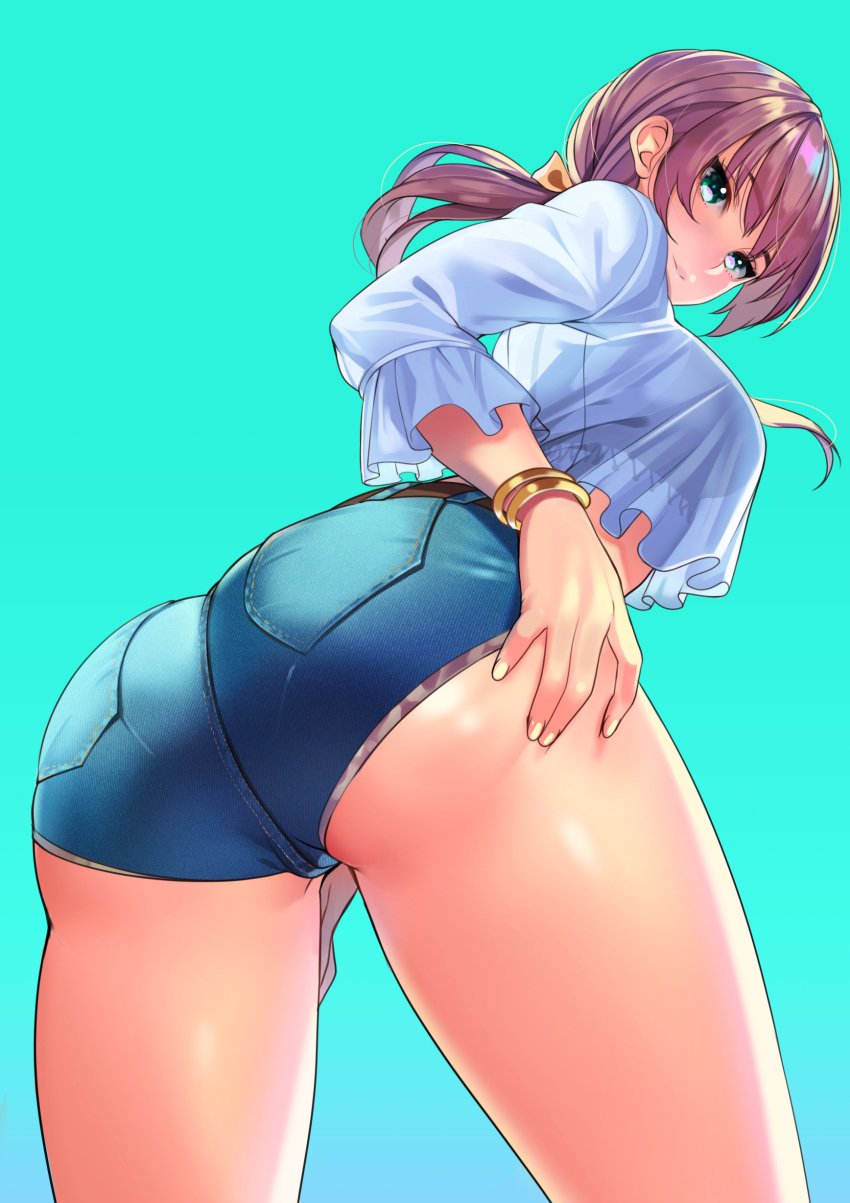 1girls absurdres ass ass_focus bangs big_ass blue_background blue_eyes blue_shorts blush booty_shorts bracelet breasts closed_mouth crop_top crop_top_overhang denim denim_shorts female female_only fully_clothed hand_on_leg highres hotpants jewelry kagematsuri large_ass large_breasts light_brown_hair long_hair long_sleeves looking_at_viewer looking_back original ponytail shirt short_shorts shorts simple_background smile solo thick_thighs thighs white_shirt