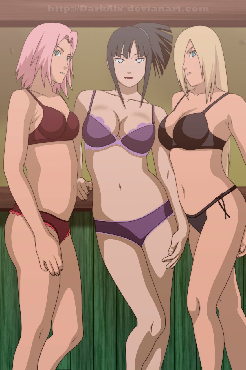 3girls blonde_hair blue_eyes bra breasts cleavage darkalx deviantart female female_only green_eyes hair_over_one_eye hyuuga_hinata hyuuga_hinata_(naruto:_road_to_ninja) ino_yamanaka ino_yamanaka_(naruto:_road_to_ninja) looking_at_viewer makeup multiple_girls naruto naruto:_road_to_ninja naruto_shippuden panties pink_hair purple_hair red_lips sakura_haruno tied_hair underwear violet_eyes