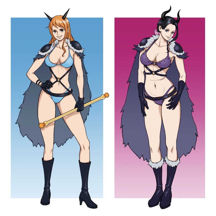 artist_request beast_pirates beast_pirates_(cosplay) big_breasts bikini bikini_uniform black_gloves boots cape clima-tact deaconcell female female_only horns nami nico_robin one_piece post-timeskip