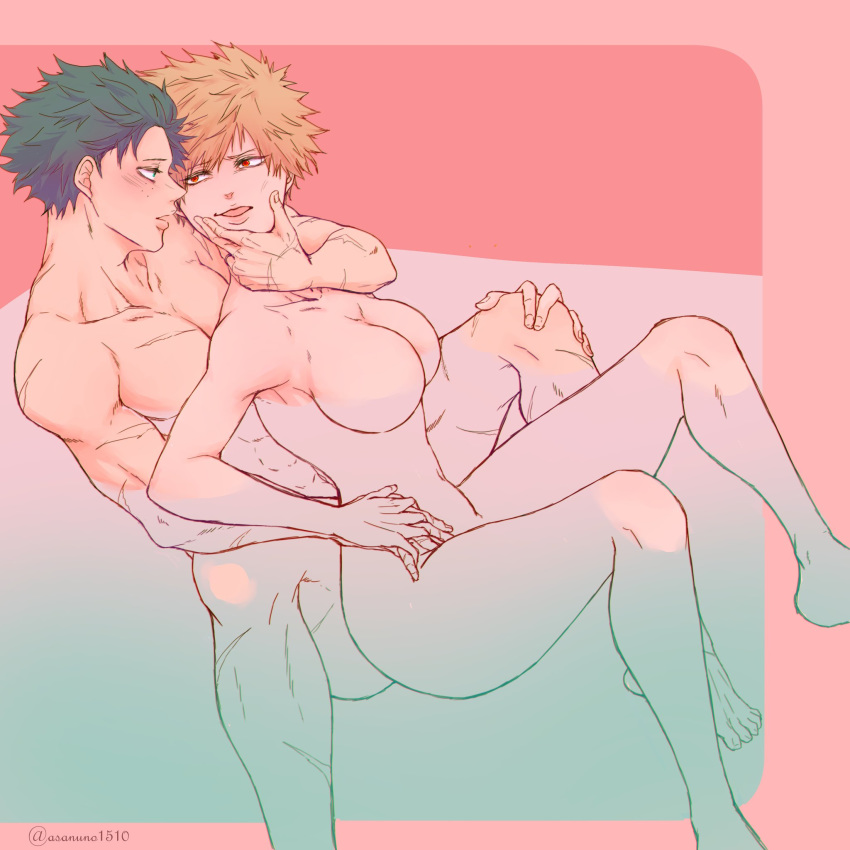 1boy 1girls asanuno1510 bathing blonde_hair blush cupping_chin female_bakugou freckles genderswap genderswap_(mtf) green_eyes green_hair holding_face izuku_midoriya katsuki_bakugou looking_back my_hero_academia naked no_nipples red_eyes rule_63 scar sitting