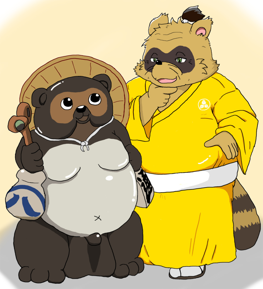 2016 anthro balls belly big_balls brown_body brown_fur canid canine clothing duo footwear fur genitals green_eyes hat headgear headwear hi_res humanoid_hands kemono male male_only mametanu_tanuki mammal moobs overweight overweight_male penis raccoon_dog robe sandals sengoku_puzzle simple_background tanuki tokugawa_ieyasu video_games