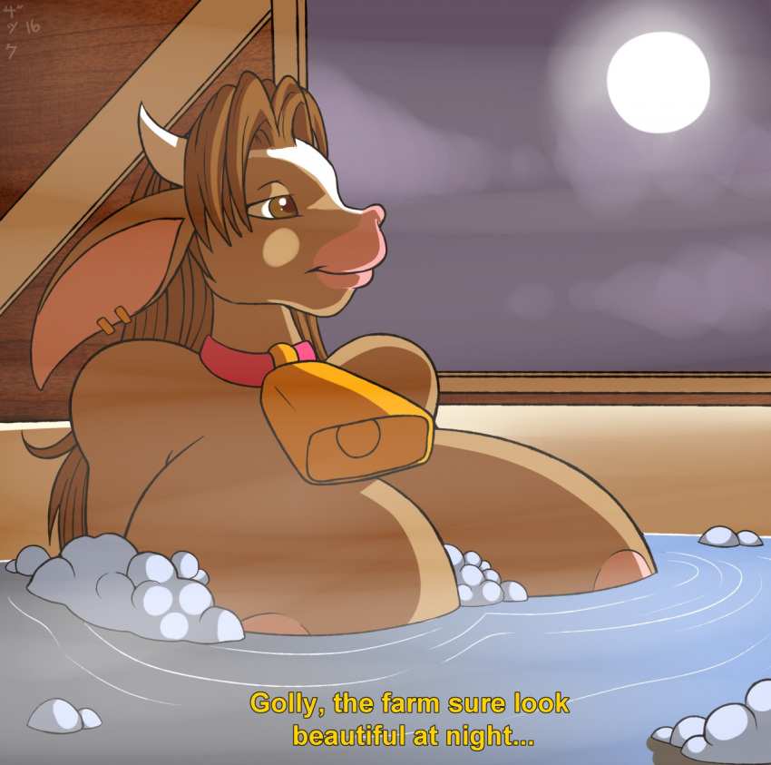 2016 anthro areola bath bathing bell bessie_(zp92) bovid bovine breasts brown_eyes brown_hair cattle ear_piercing english_text female furry highres horn huge_breasts large_breasts mammal moon night nude piercing sky solo text water zp92